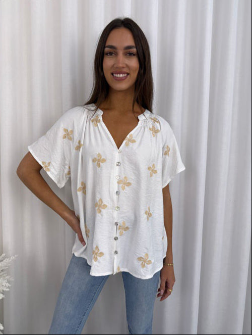 Golden Bloom Button Top – White