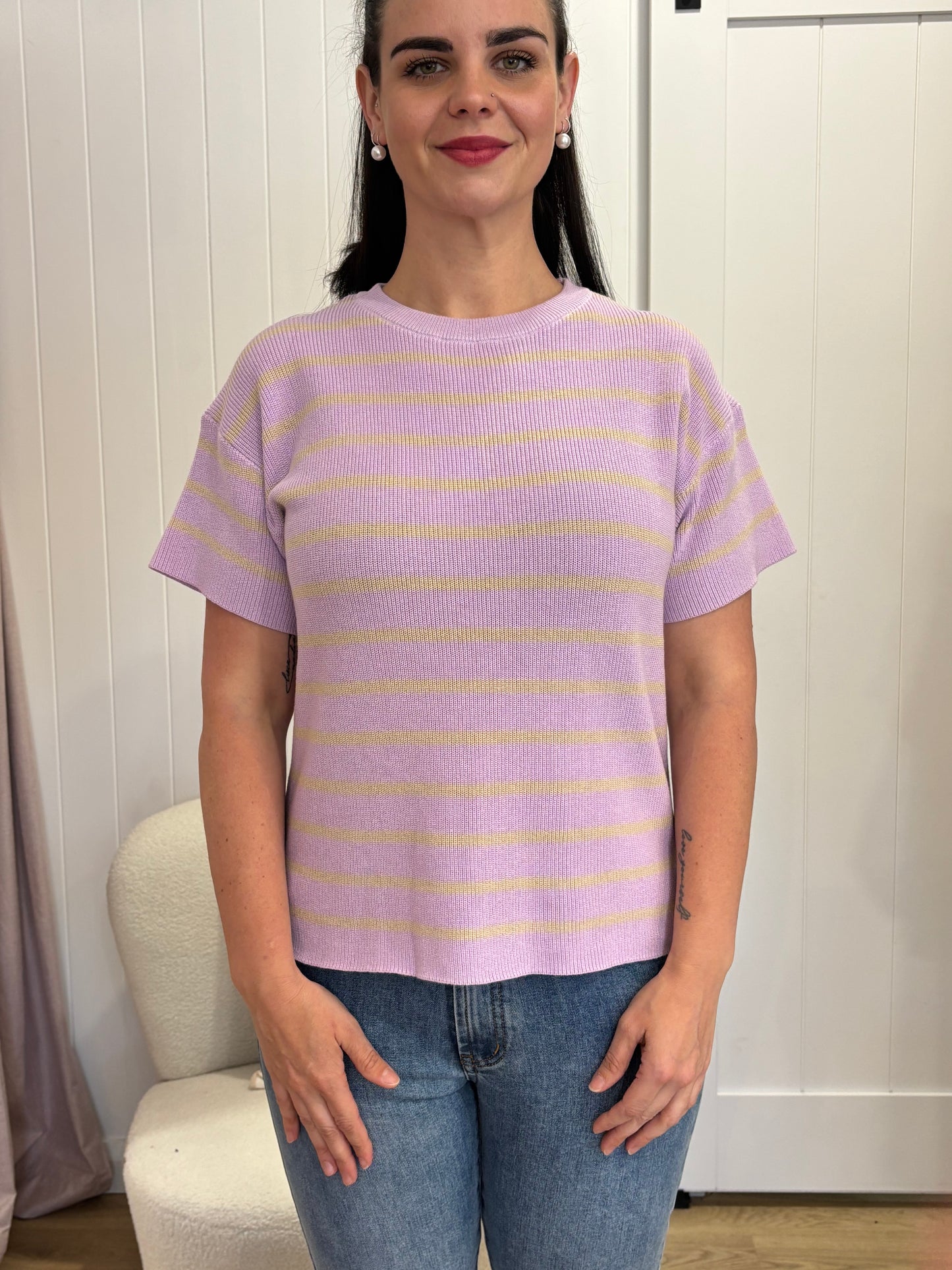 Summer Days Knit Tee -Violet with Yellow Stripes