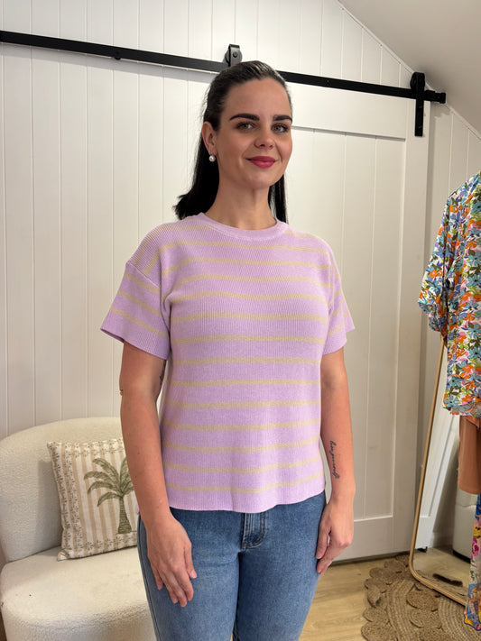 Summer Days Knit Tee -Violet with Yellow Stripes