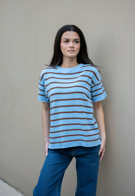 Summer Days Knit tee- Blue/Brown Strip