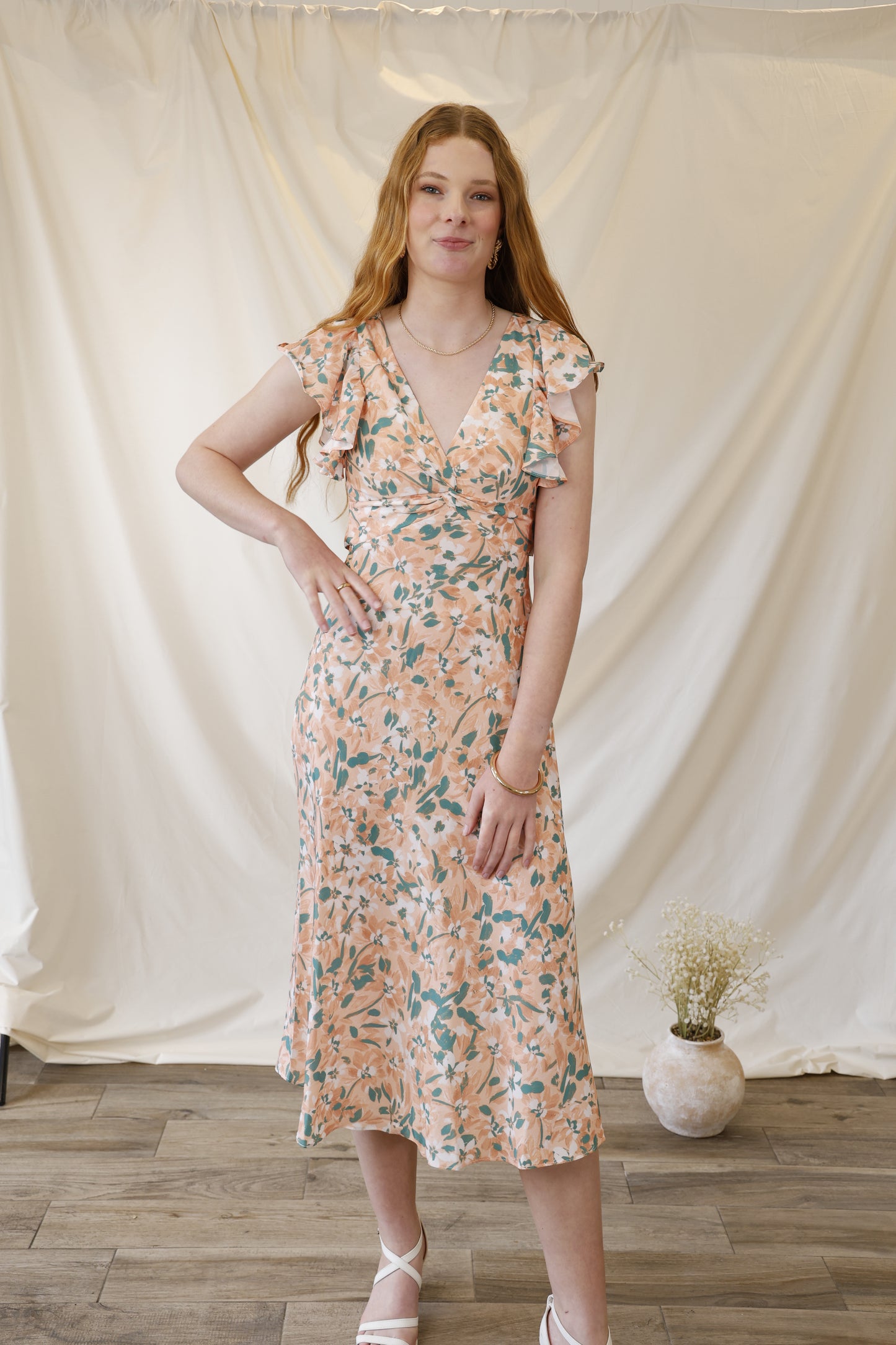Floral Peach Midi Dress | Open Back | Ruffle Sleeves | Summer Party | Size 6–12