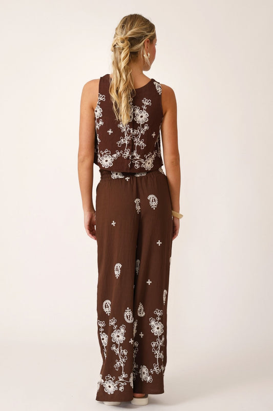 Isla Embroided Pants- Brown