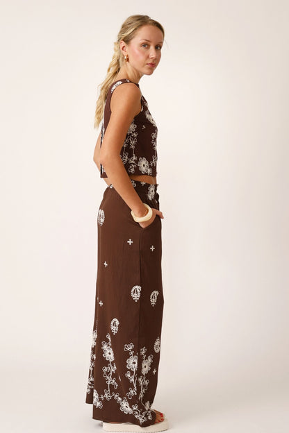 Isla Embroided Pants- Brown