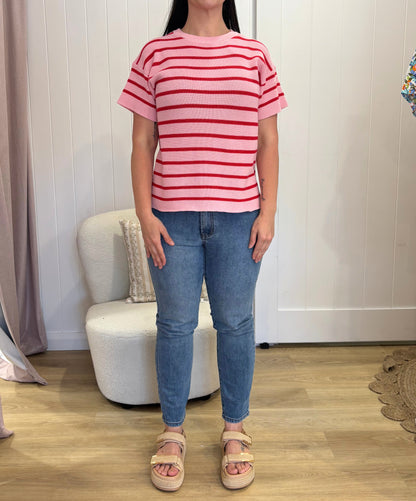 Summer Days Knit Tee – Pink/Red Stripe