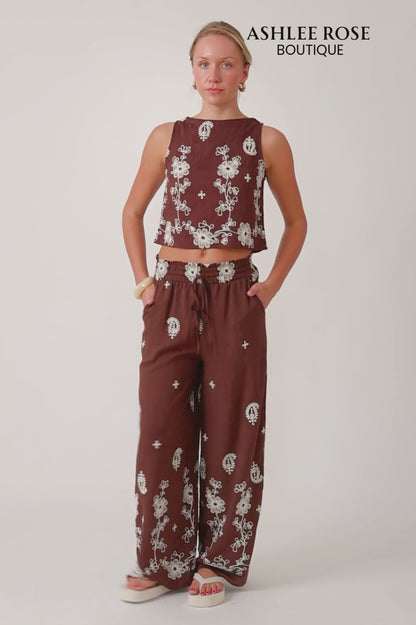 Isla Embroided Pants- Brown